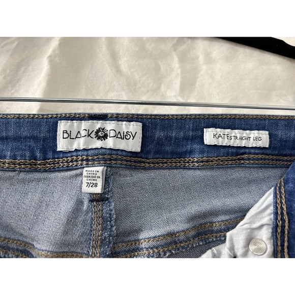 Black Daisy Kate Straight Leg Womens Size 7/28 Jeans Bright Indigo‎ Wash Raw Hem - Picture 4 of 11